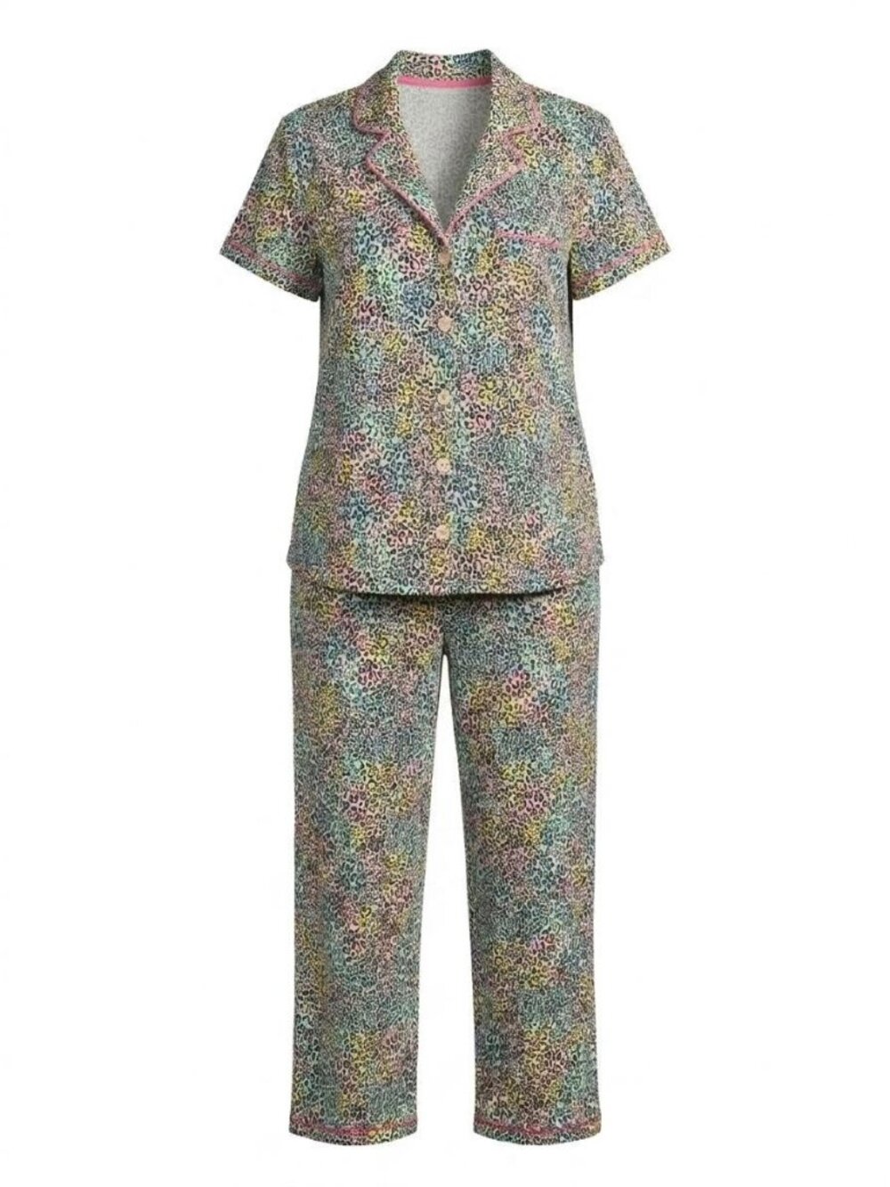 NWT Cuddl Duds Short Sleeve Cropped Pajama Set 2-Pc Sz S Pink Purple Leopard PJ
